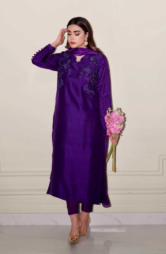Luna Edit By Hues Atelier Embroidered Raw Silk Stitched 3 Piece - Deep Purple - HA25L - Festive Collection