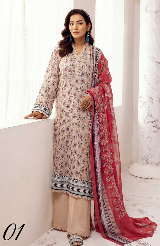 Mahees Hoorain by Riaz Arts Embroidered Lawn Unstitched 3 Piece - D-01 - RA25MH - Tea Pink - Summer Collection