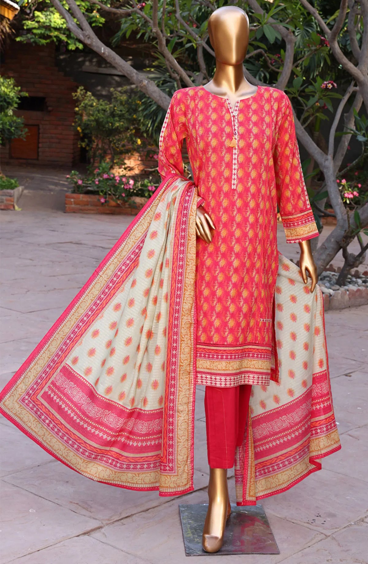 HZ RTW Prints Gardenia 3 Pcs Collection - DESIGN-01 RED MULTI