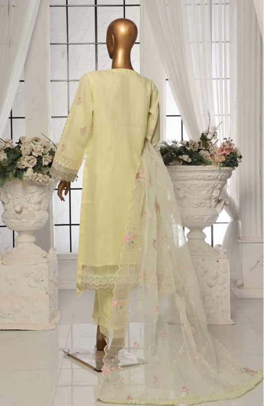 Bin Saeed Embroidered Organza Stitched 3 Piece - D-02 - BS25EO - Creamy Yellow - Festive Collection