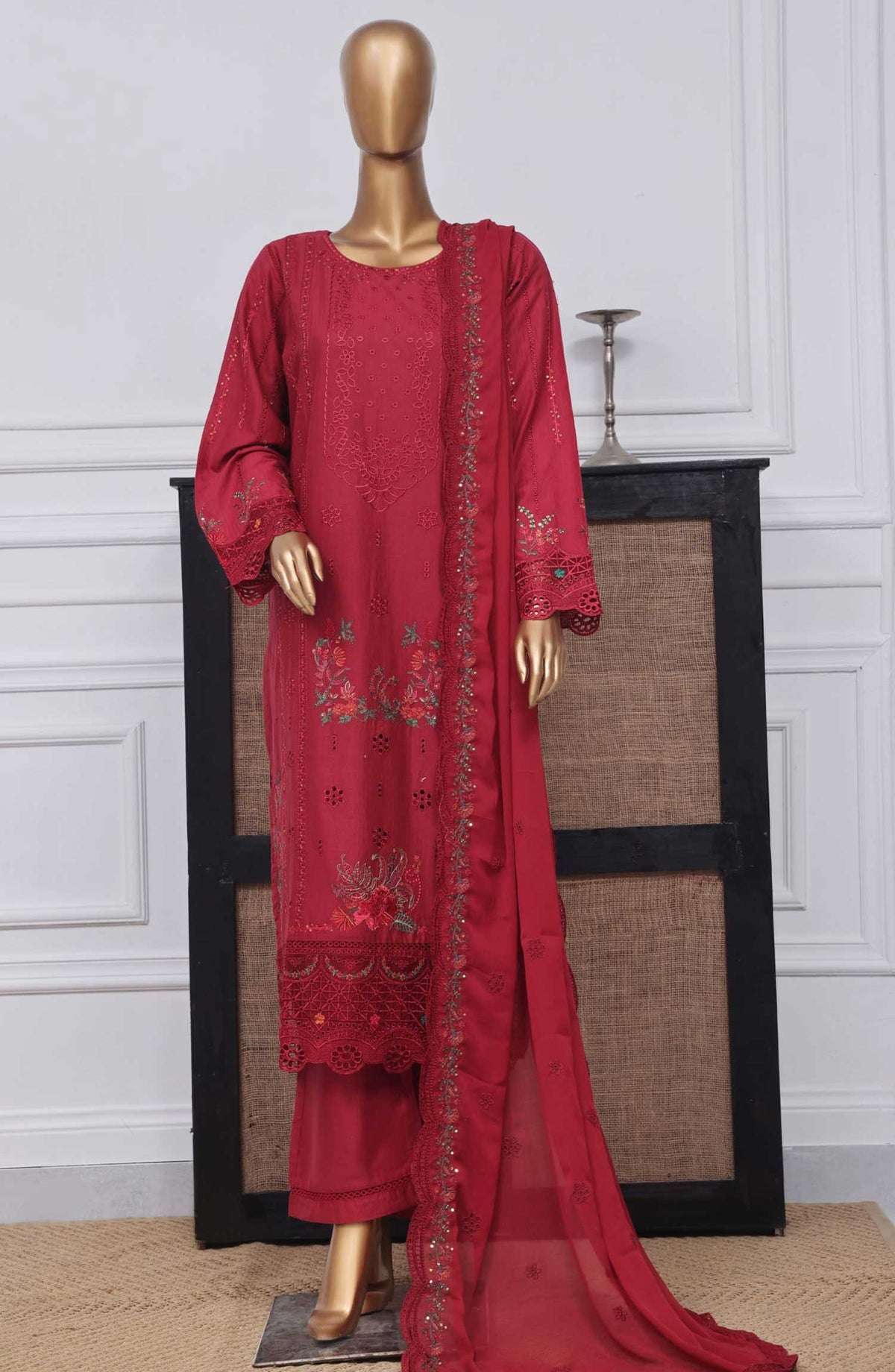 Sadabahar Embroidered Rod cotton Stitched 3 Piece - D-02 - SDB25LP - Red - Festive Collection
