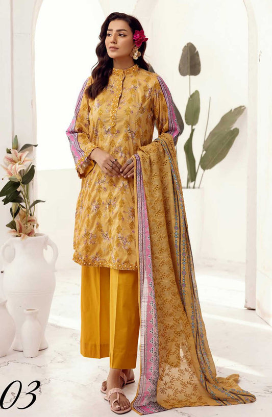 Mahees Hoorain by Riaz Arts Embroidered Lawn Unstitched 3 Piece - D-03 - RA25MH - Mustard - Summer Collection