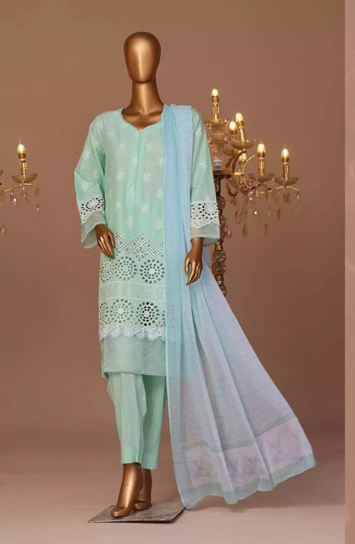 Bin Saeed Cotton Luxury Embroidered with Chiffon Dupatta 3pc Collection - Design 03