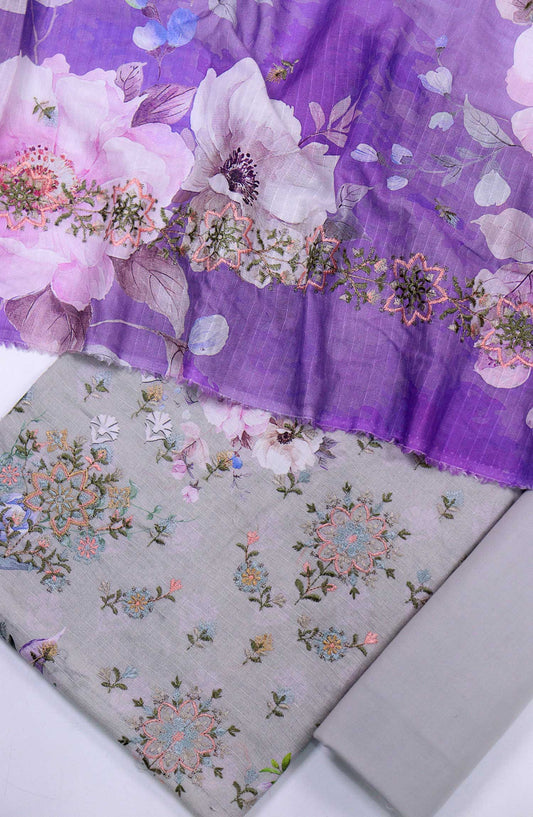 Bana Dora by Amna Khadija Embroidered Lawn Unstitched 3 Piece - D-04 - AM25BDV6 - Light Grey - Summer Collection
