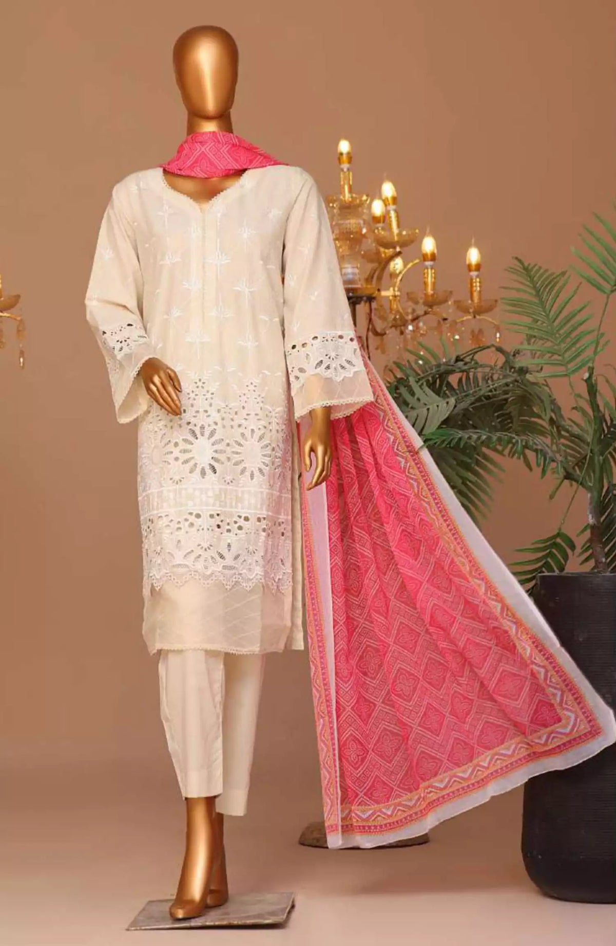 Bin Saeed Cotton Luxury Embroidered with Chiffon Dupatta 3pc Collection - Design 04