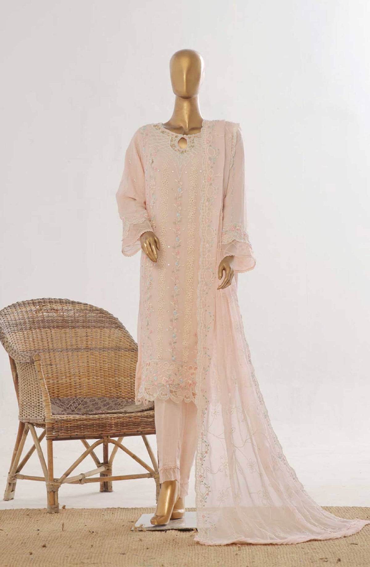 Bin Saeed Embroidered Chiffon Unstitched 3 Piece - D-06 - BS25EC - Peach Pink - Festive Collection