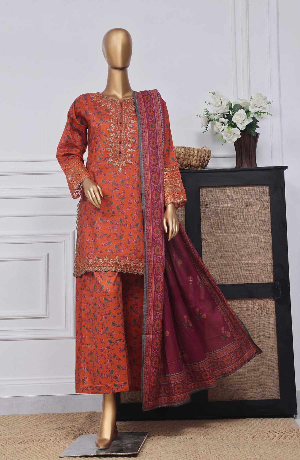 Malika by Sadabahar Embroidered Stitched 3 Piece - D-06 - SD25M - Orange - Summer Collection
