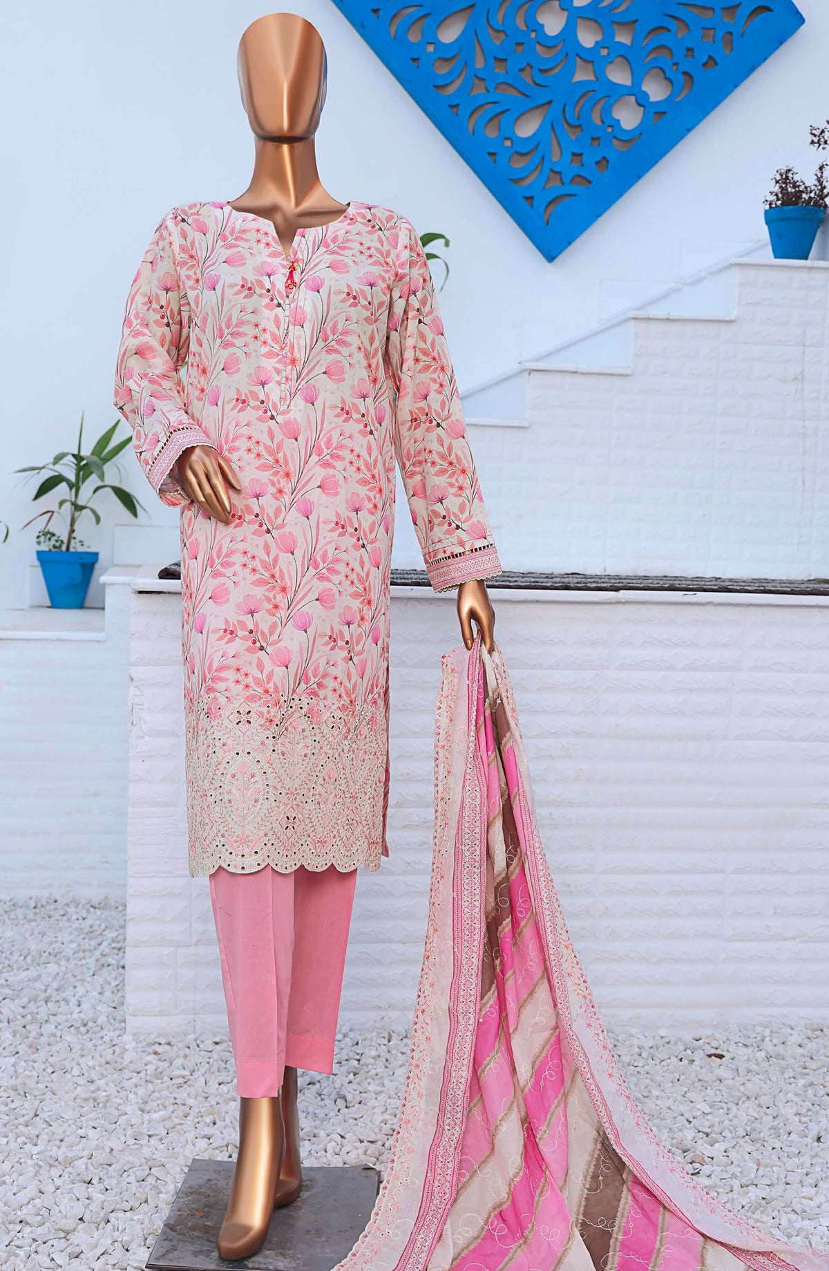 HZ Textile Embroidered Lawn Unstitched 3 Piece Suit - D-07 - HZ25PELV2 - Pink - Summer Collection