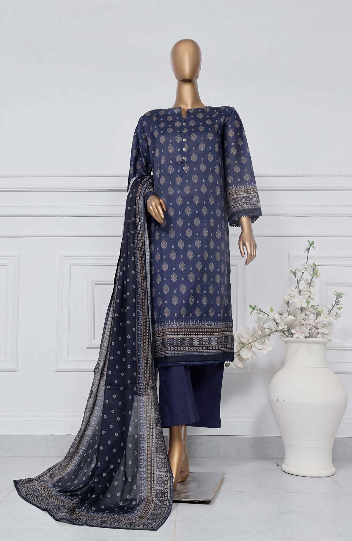 Sadabahar Printed Lawn Stitched 3 Piece - D-07 - SBD25PL - Navy Blue - Summer Collection