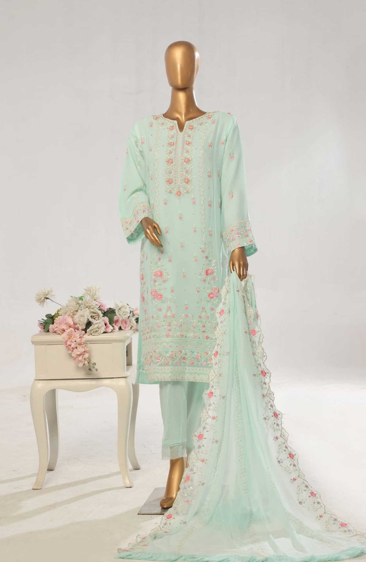 Bin Saeed Embroidered Chiffon Unstitched 3 Piece - D-07 - BS25EC - Teal Green - Festive Collection