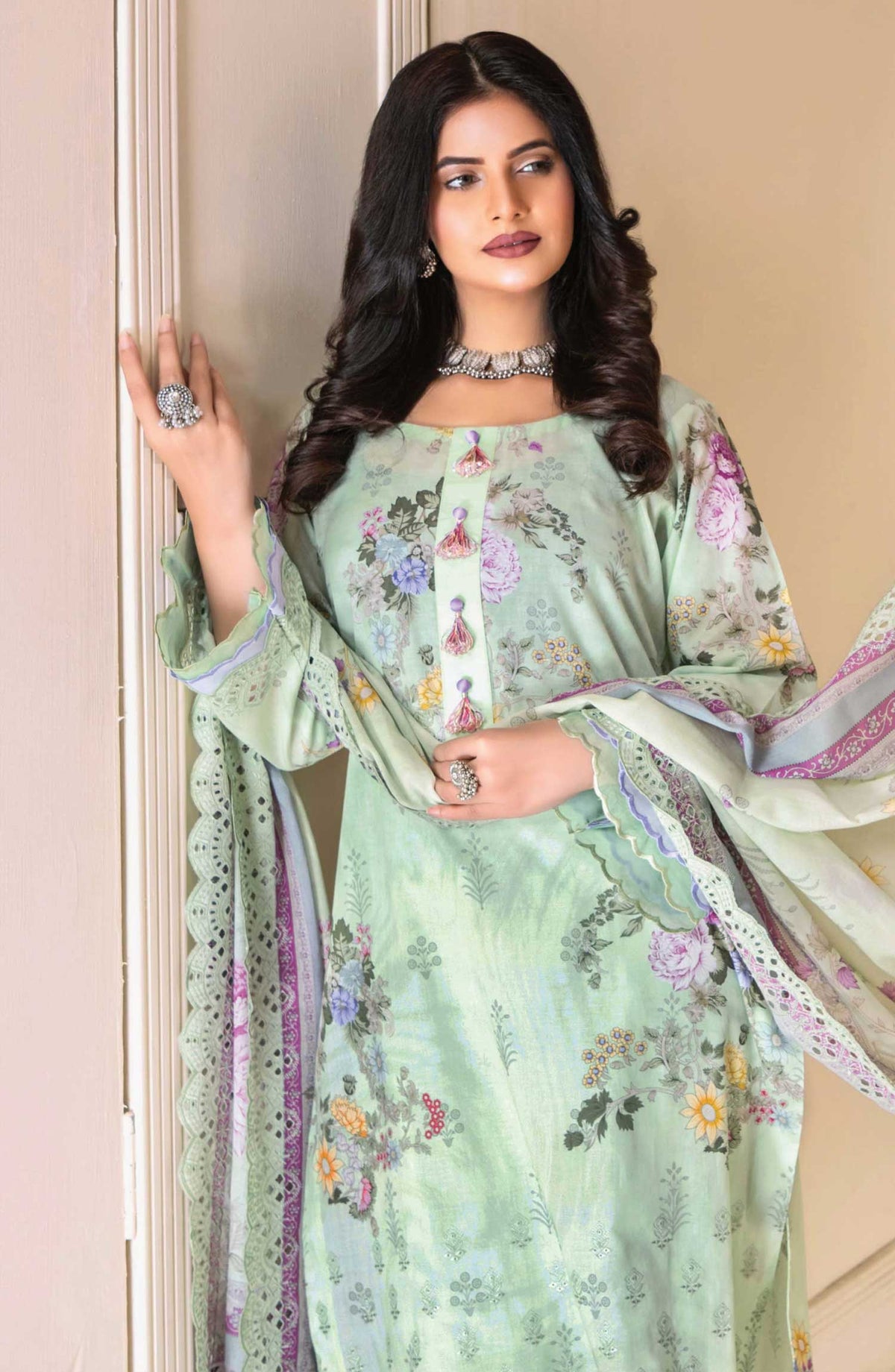Mashaal by Riaz Arts Embroidered Lawn Unstitched 3 Piece - D-08 - RA25MEL - Pista Green - Summer Collection