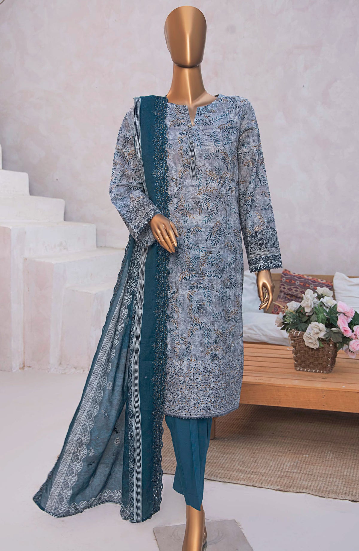 HZ Textile Embroidered Lawn Unstitched 3 Piece Suit - D-11 - HZ25PELV2 - Blue - Summer Collection