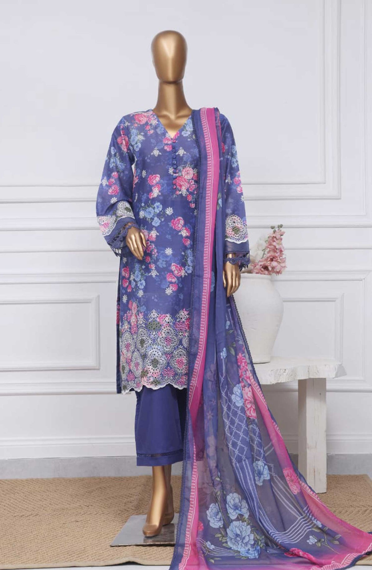 Sadabahar Printed Chikankari Stitched 3 Piece - D-01 - SDB25PC - Blue - Summer Collection