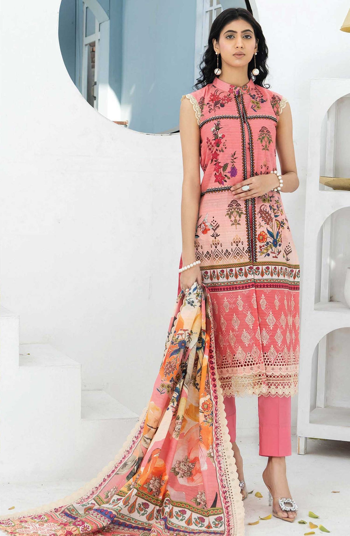 Mashaal Stripe by Riaz Arts Embroidered Lawn Unstitched 3 Piece - D-01 - RA25MSE - Pastel Pink - Summer Collection