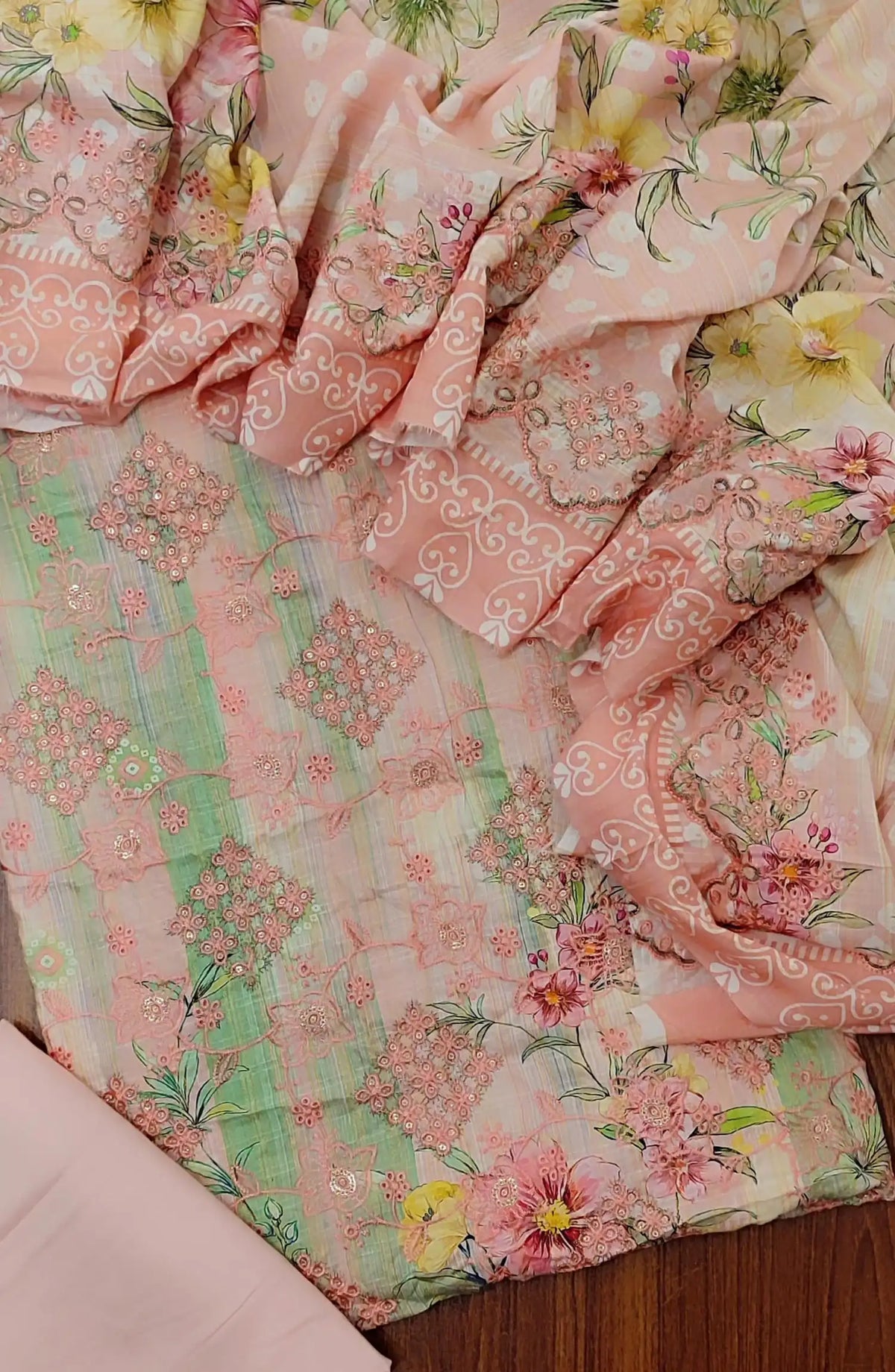 Premium Sequence Emb Linen 3 Pcs with Emb Dupatta Collection - Design 01