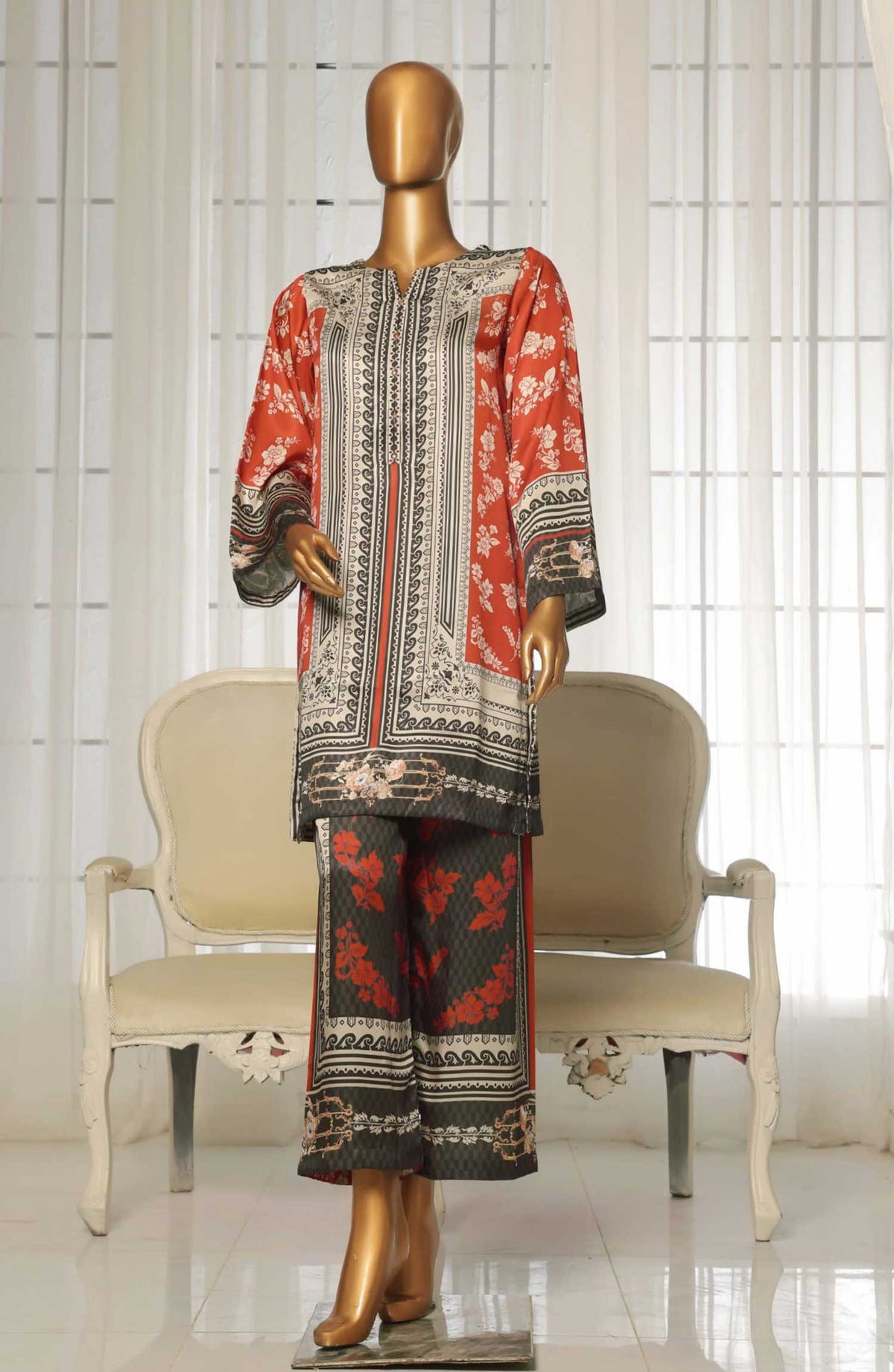 Sadabahar Printed Silk Stitched 2 Piece Suit - D-02 - SBD25PS - Orange - Casual Collection