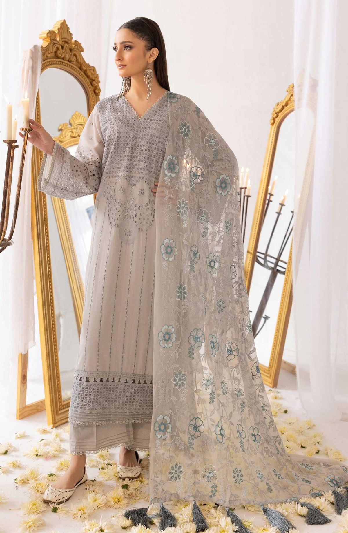 Mahees Saliqa by Riaz Arts Chikankari Lawn Unstitched 3 Piece - D-02 - RA25MS - Silver Grey - Summer Collection