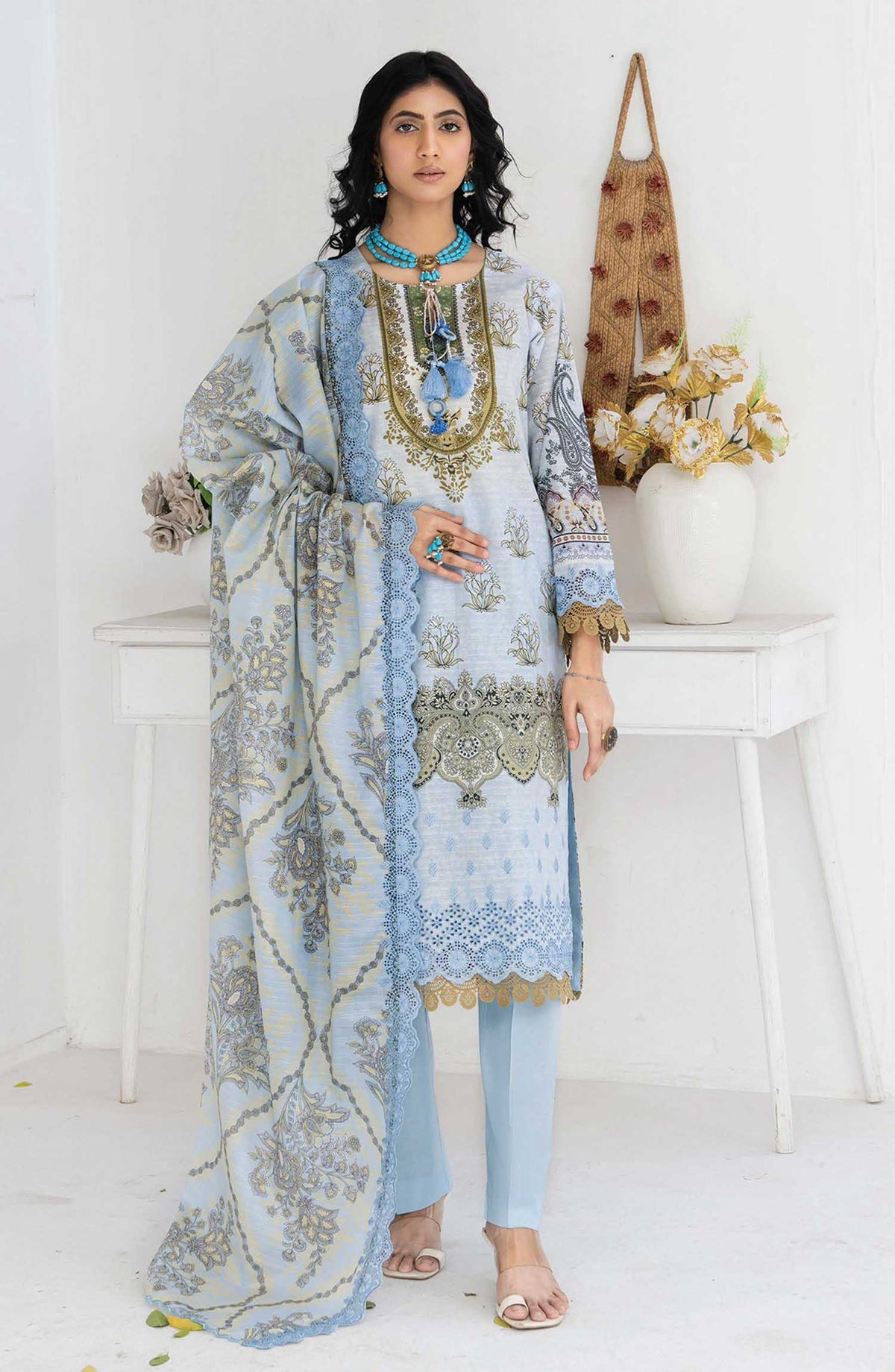 Mashaal Stripe by Riaz Arts Embroidered Lawn Unstitched 3 Piece - D-02 - RA25MSE - Blue - Summer Collection