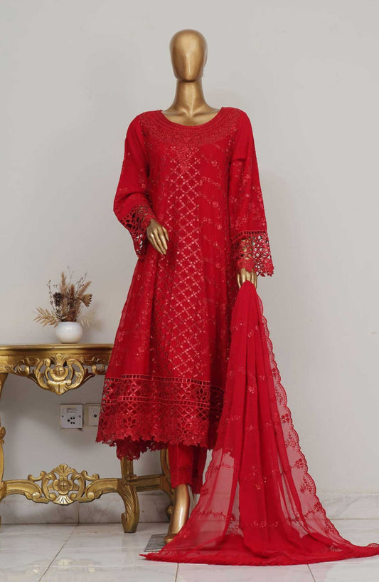 Bin Saeed Embroidered Stitched 3 Piece Frock - D-02 - BS25CF - Red - Festive Collection