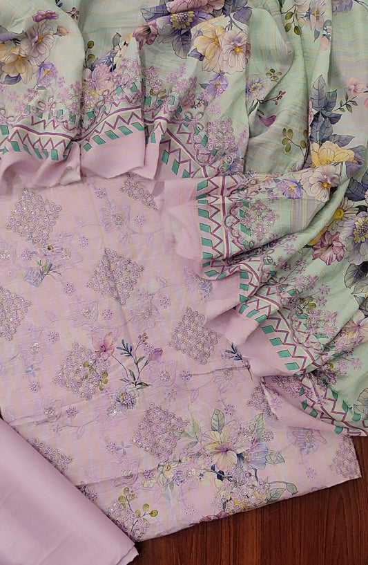 Premium Sequence Emb Linen 3 Pcs with Emb Dupatta Collection - Design 02
