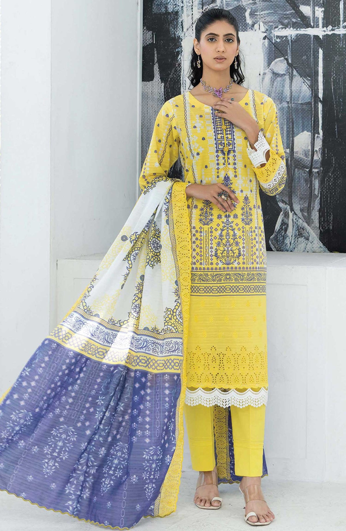 Mashaal Stripe by Riaz Arts Embroidered Lawn Unstitched 3 Piece - D-03 - RA25MSE - Yellow - Summer Collection