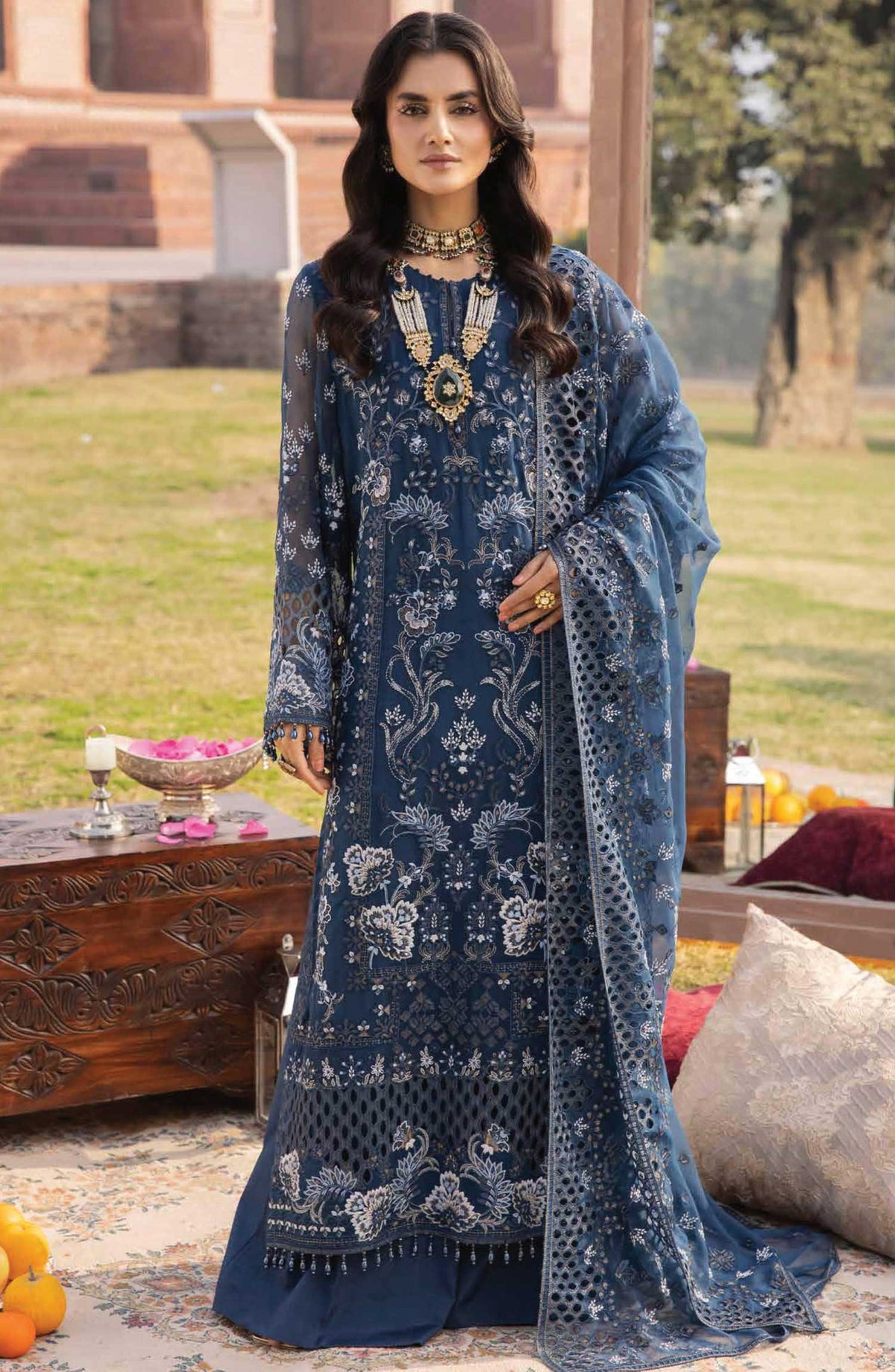 Dilkash by Lavish Premium Embroidered Chiffon Unstitched 3 Piece - Design 03 Argenic - LP25D - Blue - Formal Collection
