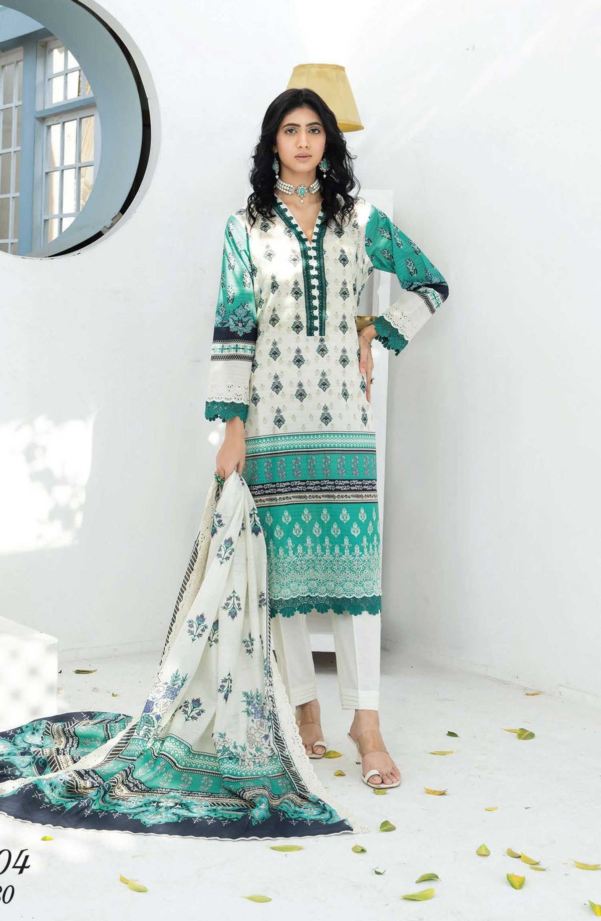 Mashaal Stripe by Riaz Arts Embroidered Lawn Unstitched 3 Piece - D-04 - RA25MSE - Sea Green - Summer Collection