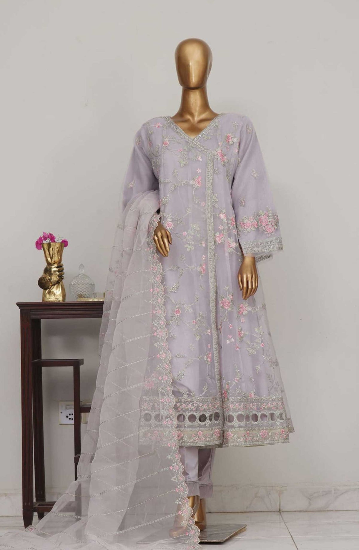 Bin Saeed Embroidered Stitched 3 Piece Frock - D-04 - BS25CF - Greyish Purple - Festive Collection