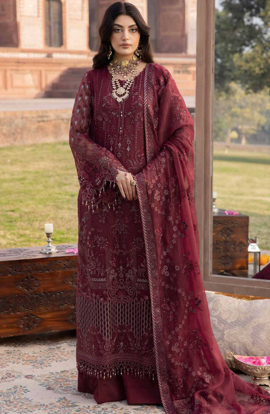 Dilkash by Lavish Premium Embroidered Chiffon Unstitched 3 Piece - Design 04 Burgundy - LP25D - Maroon - Formal Collection