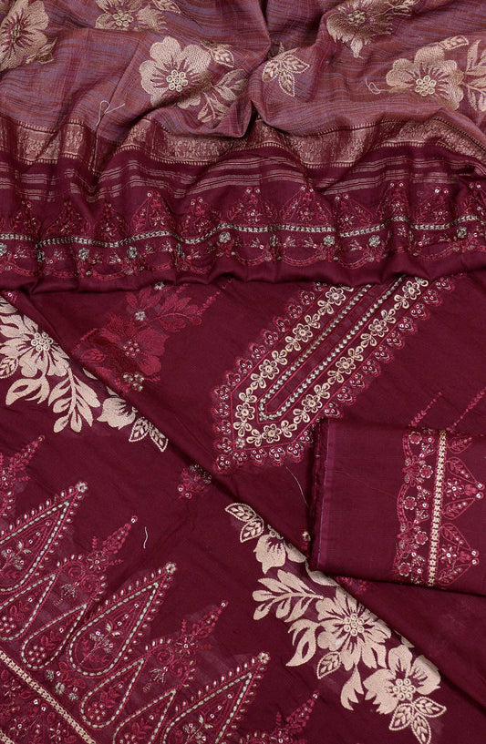 Bana Dora by Amna Khadija Embroidered Lawn Unstitched 3 Piece - D-05 - AM25BDV1 - Maroon - Summer Collection