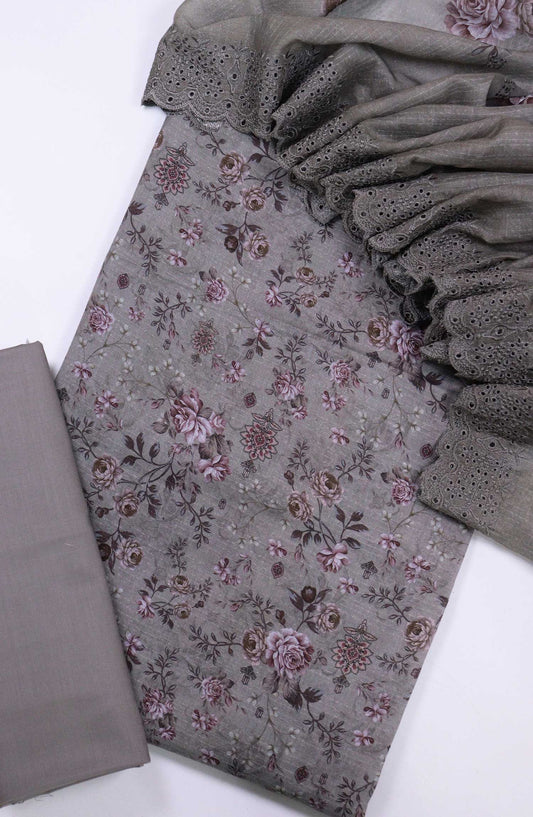 Bana Dora by Amna Khadija Embroidered Lawn Unstitched 3 Piece - D-05 - AM25BDV8 - Dark Grey - Summer Collection