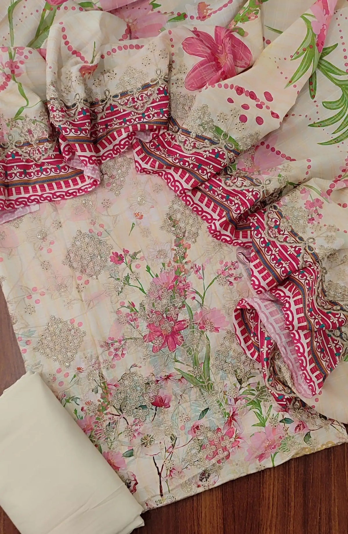 Premium Sequence Emb Linen 3 Pcs with Emb Dupatta Collection - Design 05