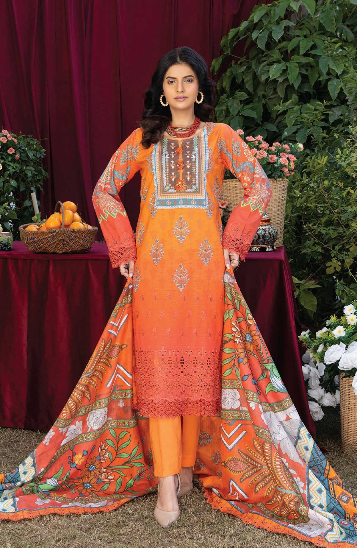 Mashaal by Riaz Arts Embroidered Lawn Unstitched 3 Piece - D-05 - RA25ML2 - Dark Orange - Summer Collection