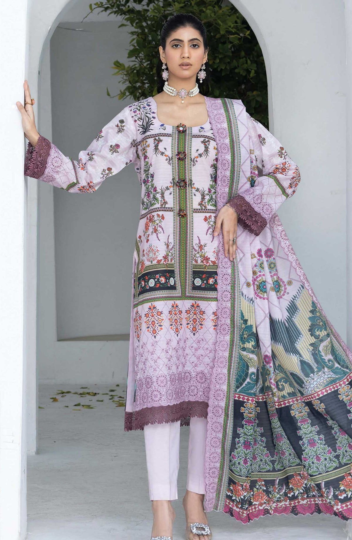 Mashaal Stripe by Riaz Arts Embroidered Lawn Unstitched 3 Piece - D-05 - RA25MSE - Purple - Summer Collection