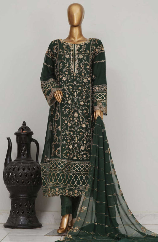 Bin Saeed Embroidered Stitched 3 Piece Frock - D-05 - BS25CF - Bottle Green - Festive Collection
