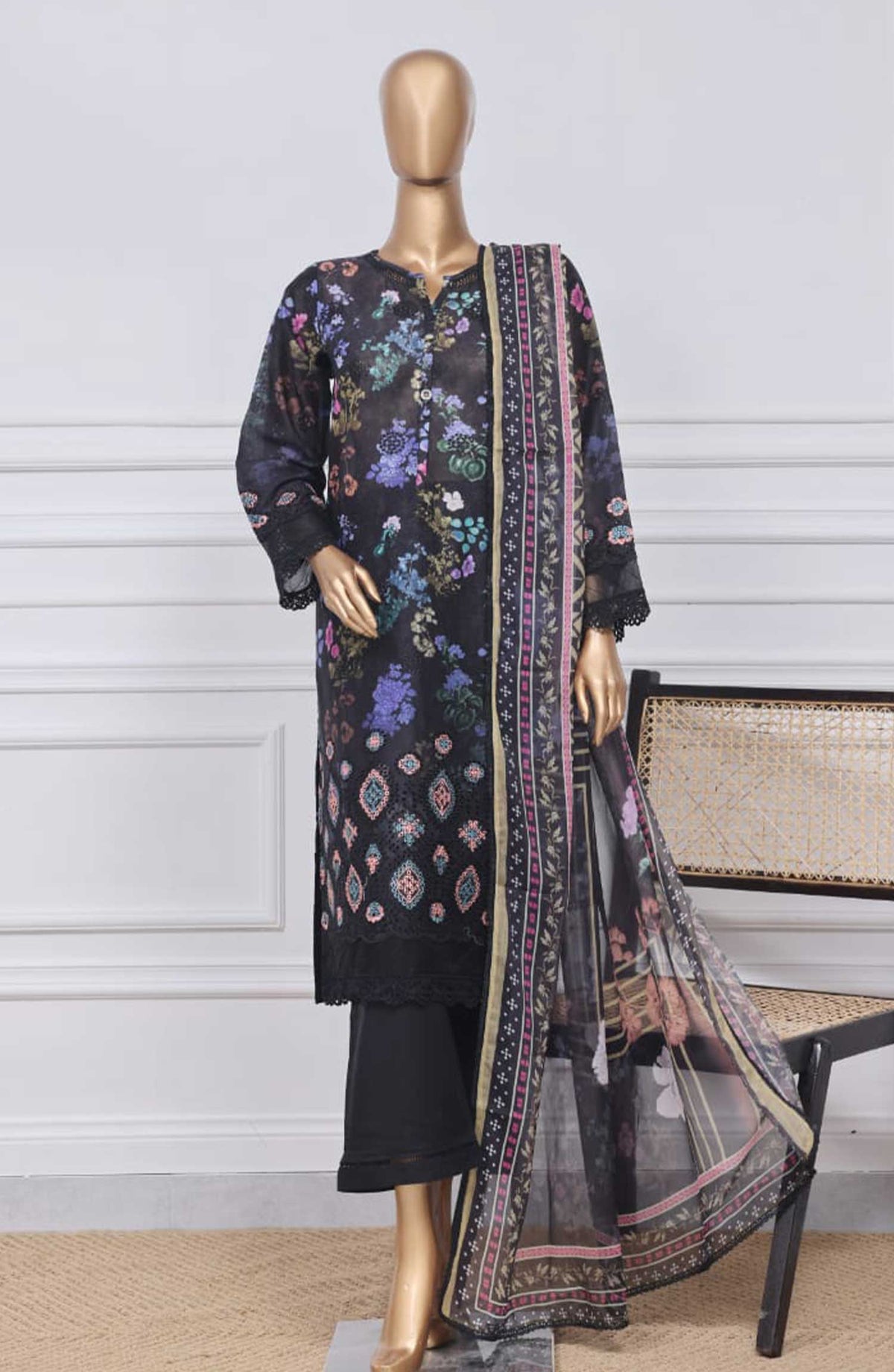 Sadabahar Printed Chikankari Stitched 3 Piece - D-06 - SDB25PC - Black - Summer Collection