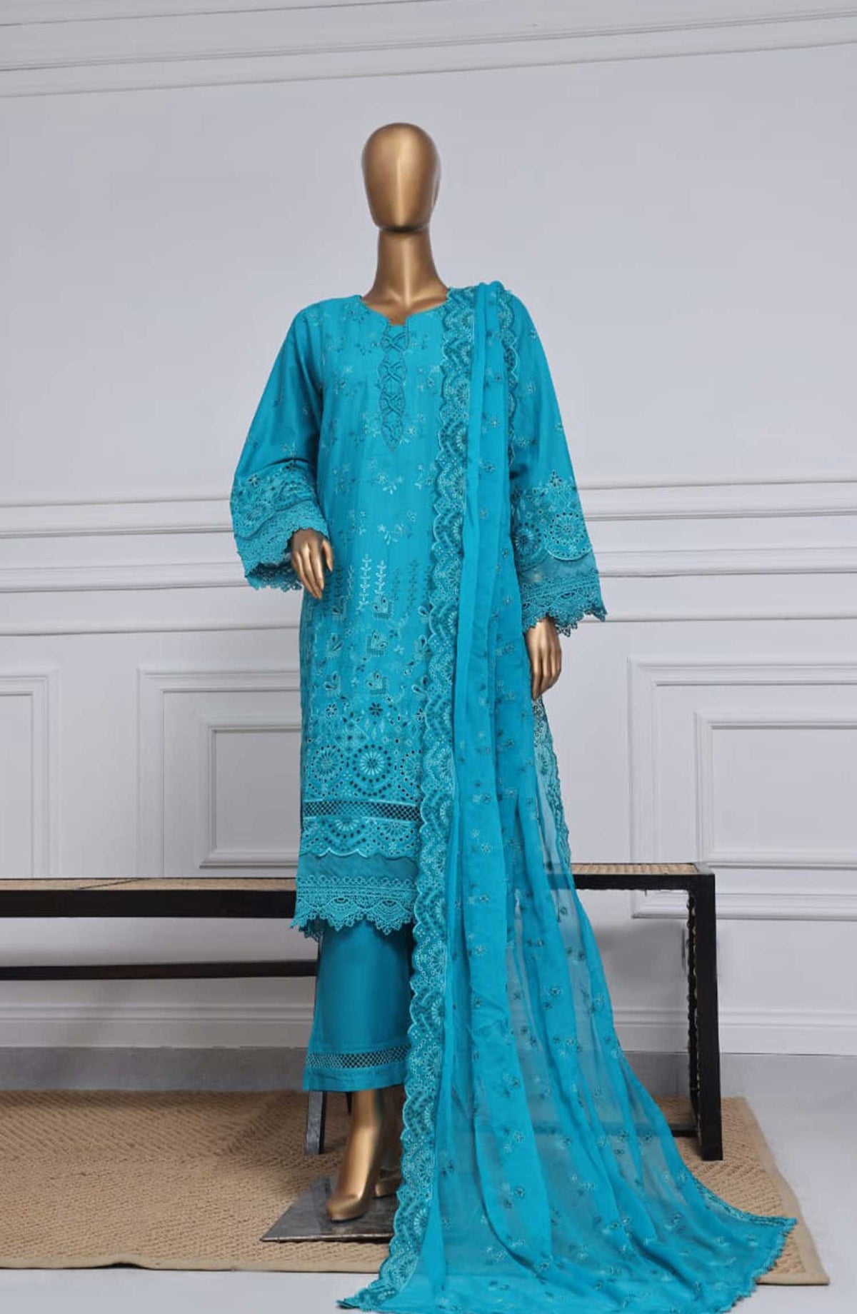 Sadabahar Embroidered Chikankari Stitched 3 Piece - Design 07 - SDB25C - Blue - Summer Collection