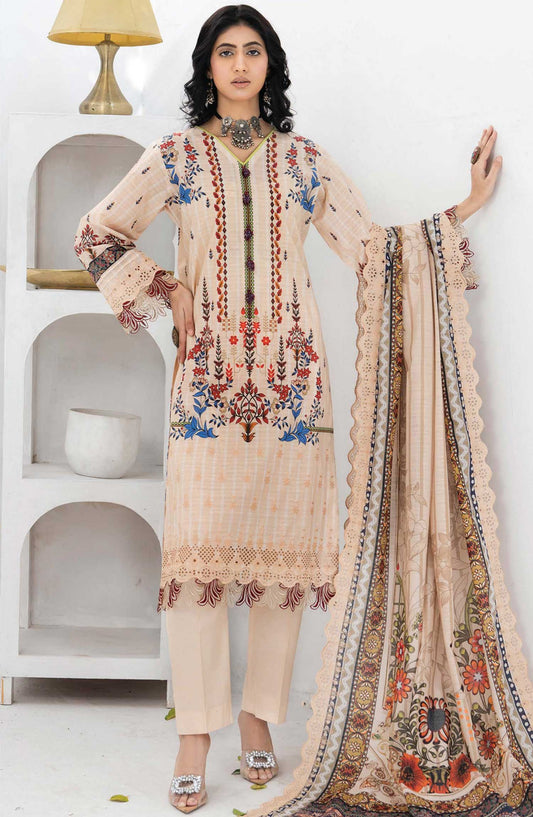 Mashaal Stripe by Riaz Arts Embroidered Lawn Unstitched 3 Piece - D-07 - RA25MSE - Beige - Summer Collection