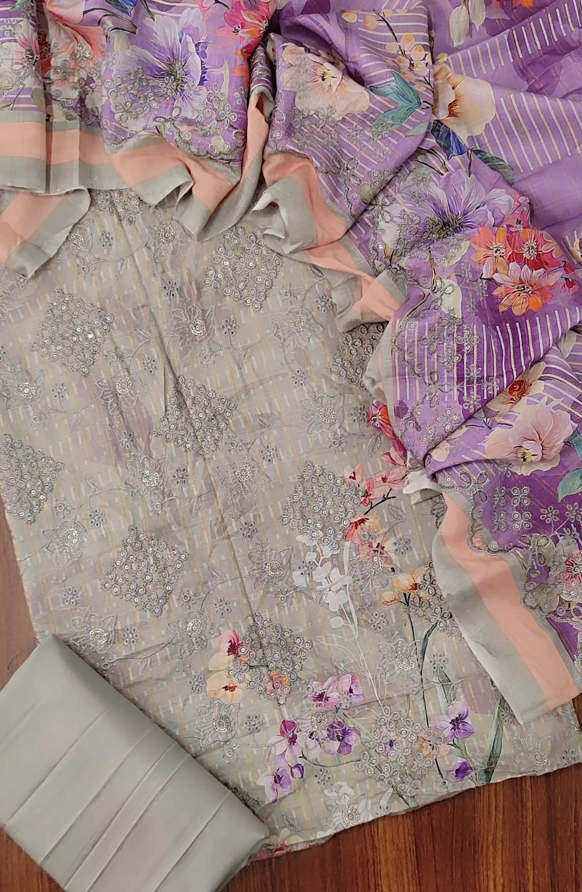 Premium Sequence Emb Linen 3 Pcs with Emb Dupatta Collection - Design 07