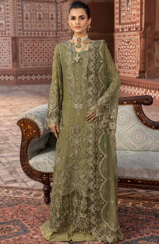 Dilkash by Lavish Premium Embroidered Chiffon Unstitched 3 Piece - Design 07 Dark Tan - LP25D - Green - Formal Collection