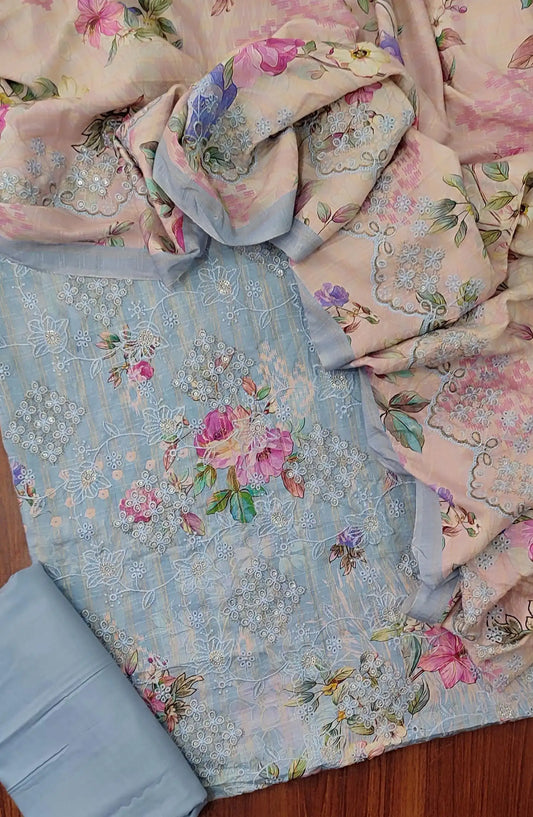 Premium Sequence Emb Linen 3 Pcs with Emb Dupatta Collection - Design 08