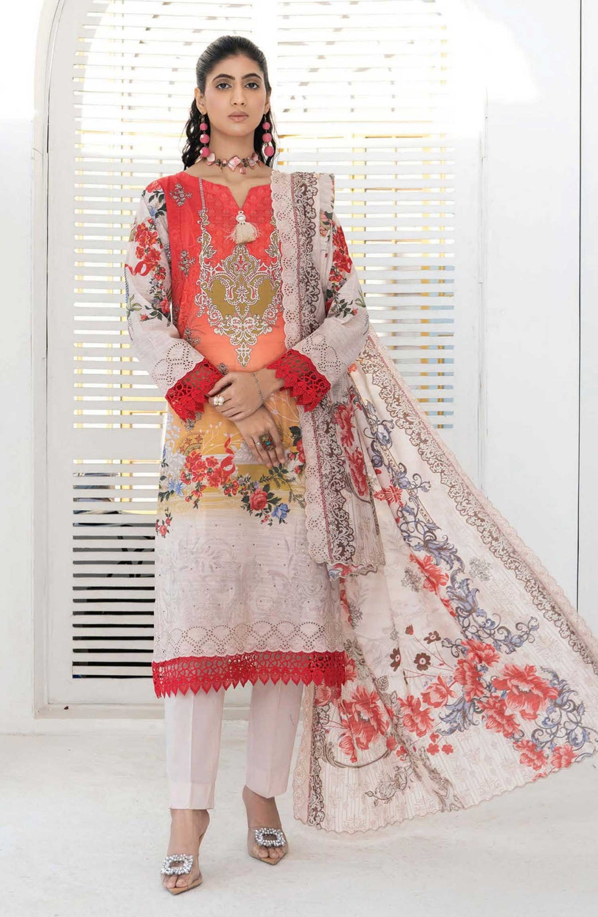 Mashaal Stripe by Riaz Arts Embroidered Lawn Unstitched 3 Piece - D-08 - RA25MSE - White - Summer Collection