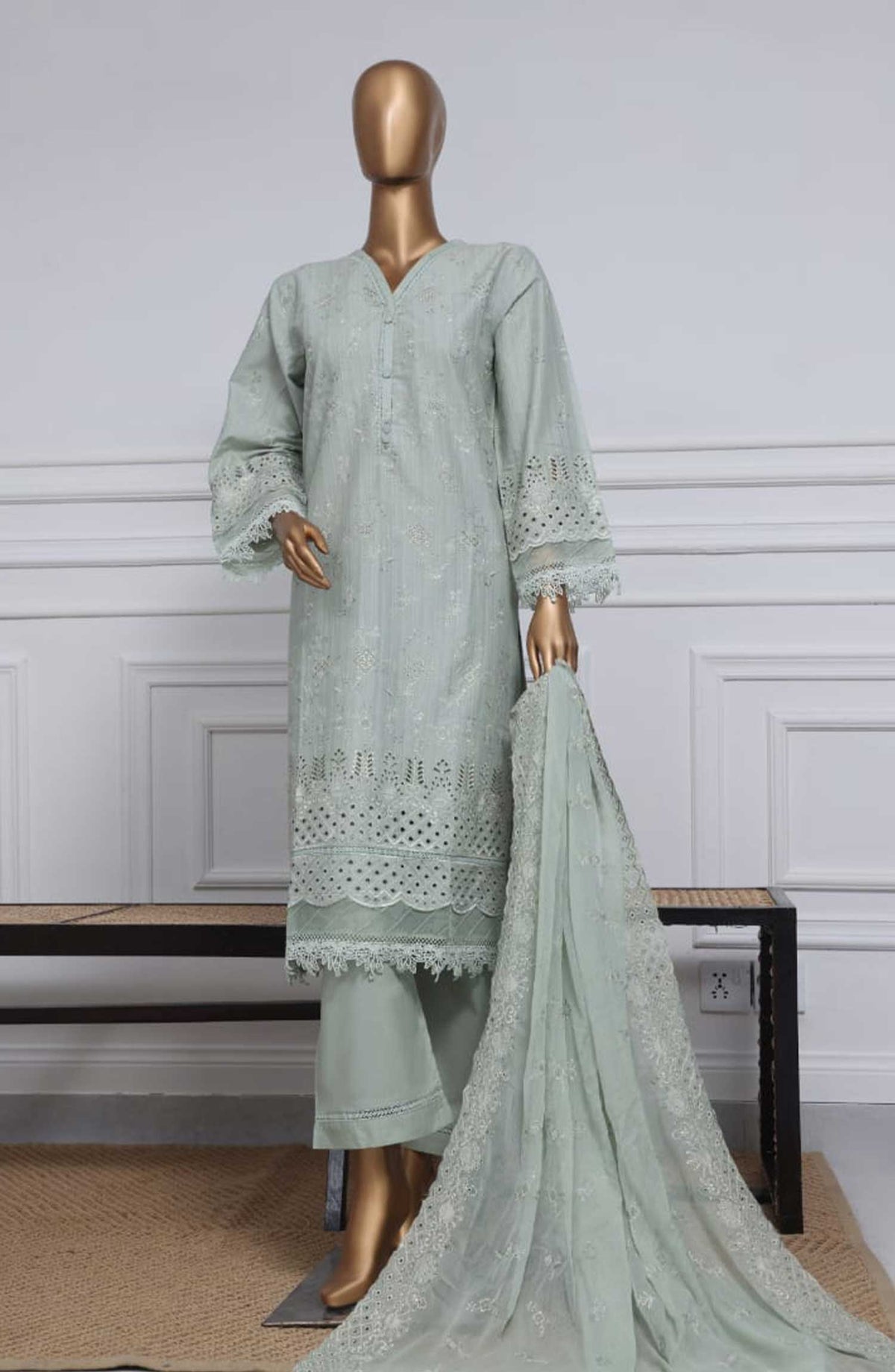 Sadabahar Embroidered Chikankari Stitched 3 Piece - Design 08 - SDB25C - Light Blue - Summer Collection