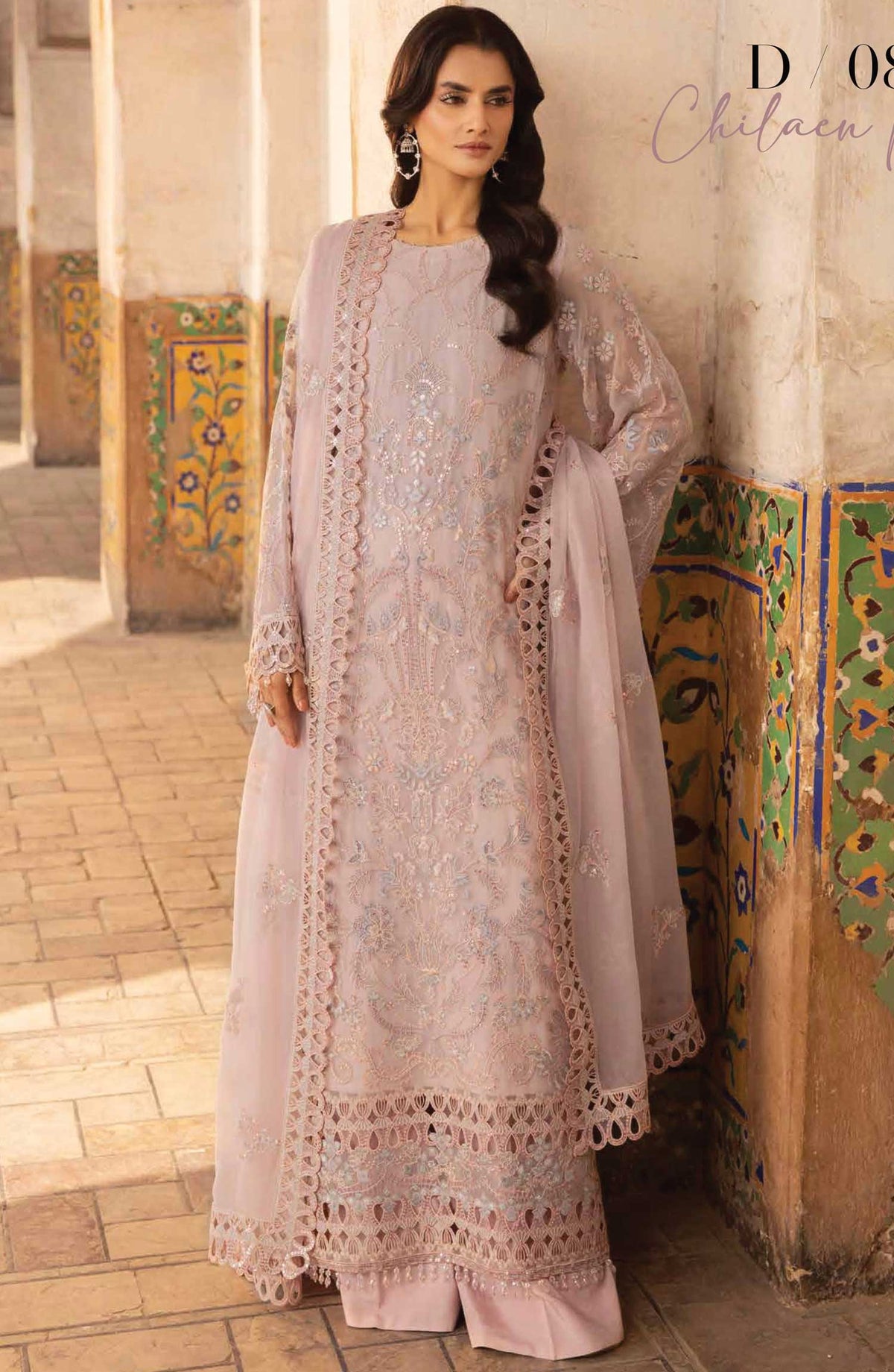 Dilkash by Lavish Premium Embroidered Chiffon Unstitched 3 Piece - Design 08 Chilaen Pink - LP25D - Light Pink - Formal Collection