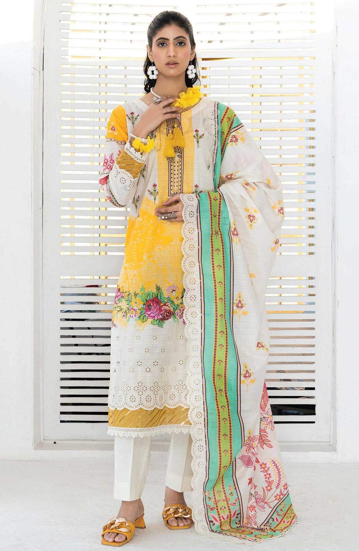 Mashaal Stripe by Riaz Arts Embroidered Lawn Unstitched 3 Piece - D-09 - RA25MSE - Yellow - Summer Collection