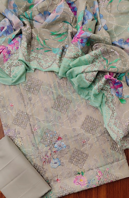 Premium Sequence Emb Linen 3 Pcs with Emb Dupatta Collection - Design 09
