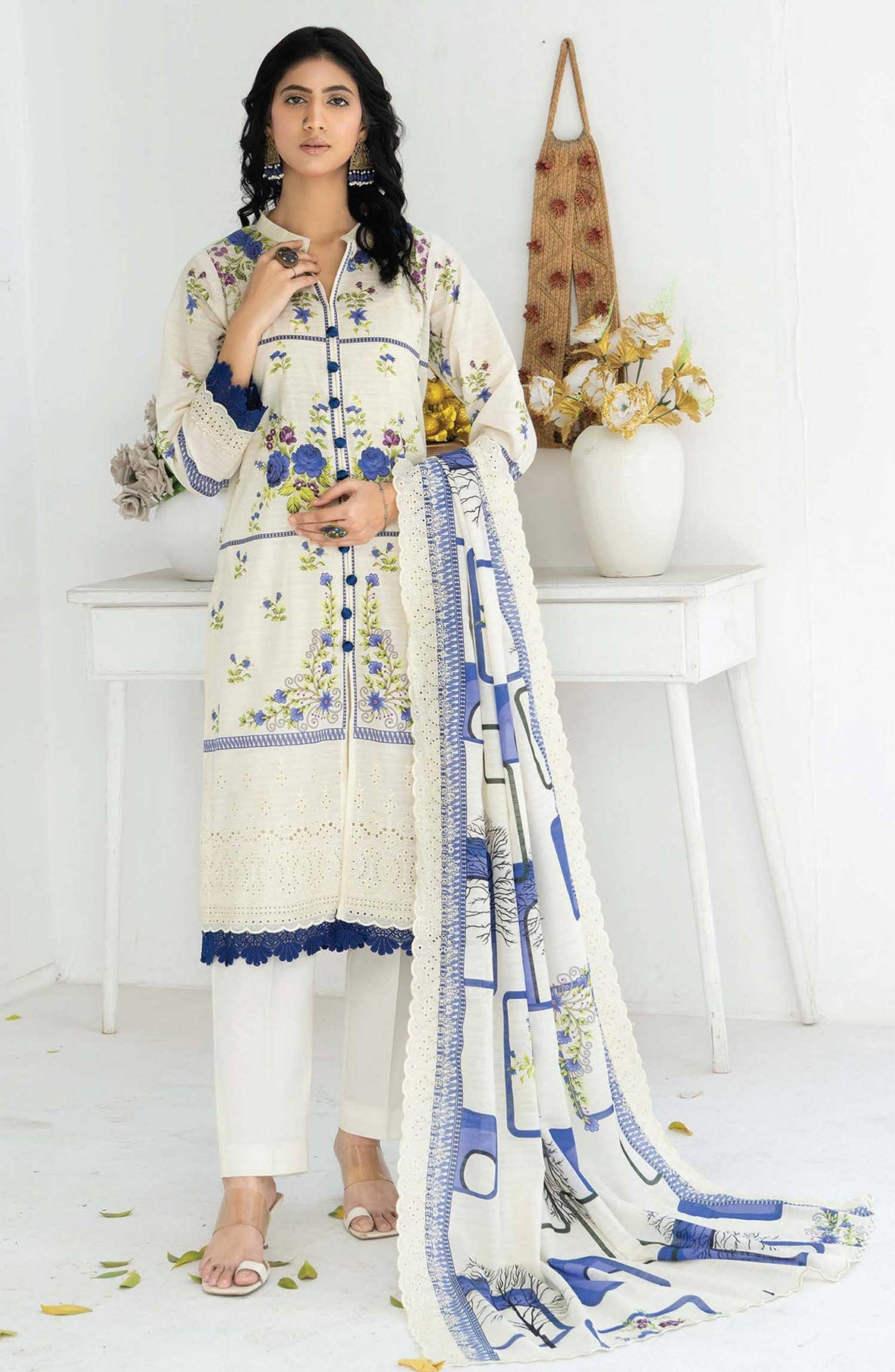 Mashaal Stripe by Riaz Arts Embroidered Lawn Unstitched 3 Piece - D-10 - RA25MSE - White - Summer Collection