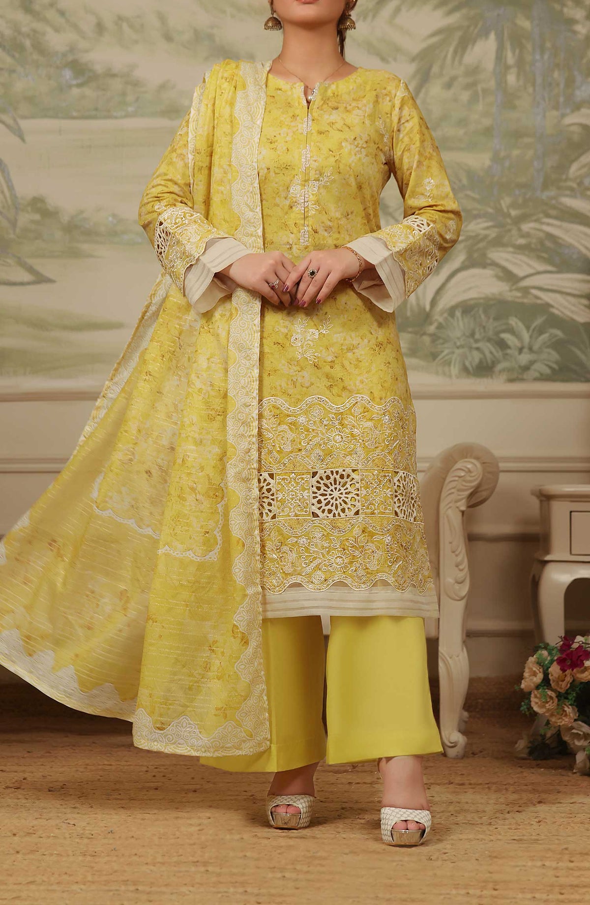 Zynah by VS Textile Chikankari Lawn Unstitched 3 Piece Suit - Design 405 - VS25Z - Yellow - Summer Collection