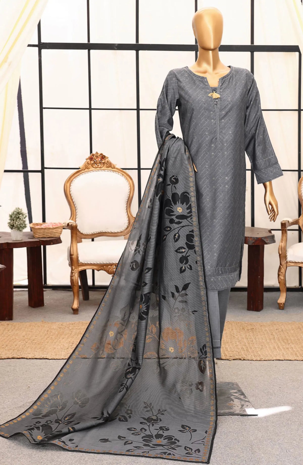 HZ RTW Damask Jacquard Devor Dupatta Collection - DJL 402 CHARCOAL
