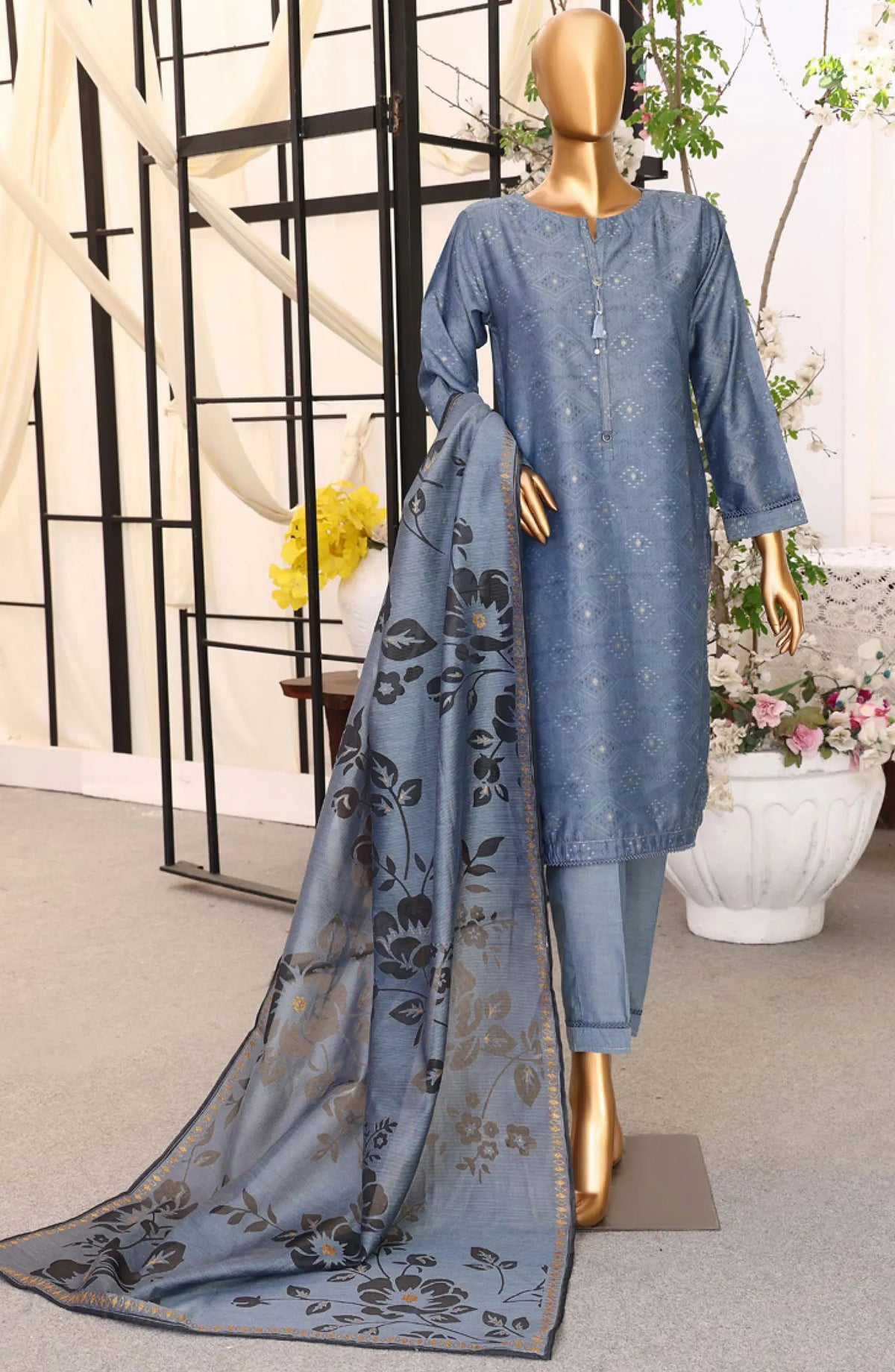HZ RTW Damask Jacquard Devor Dupatta Collection - DJL 404 DENIM